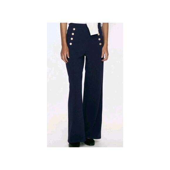H&M Navy Blue SAILOR PANTS Flared wide leg Womens Size L GOLD Button Front - Picture 1 of 13